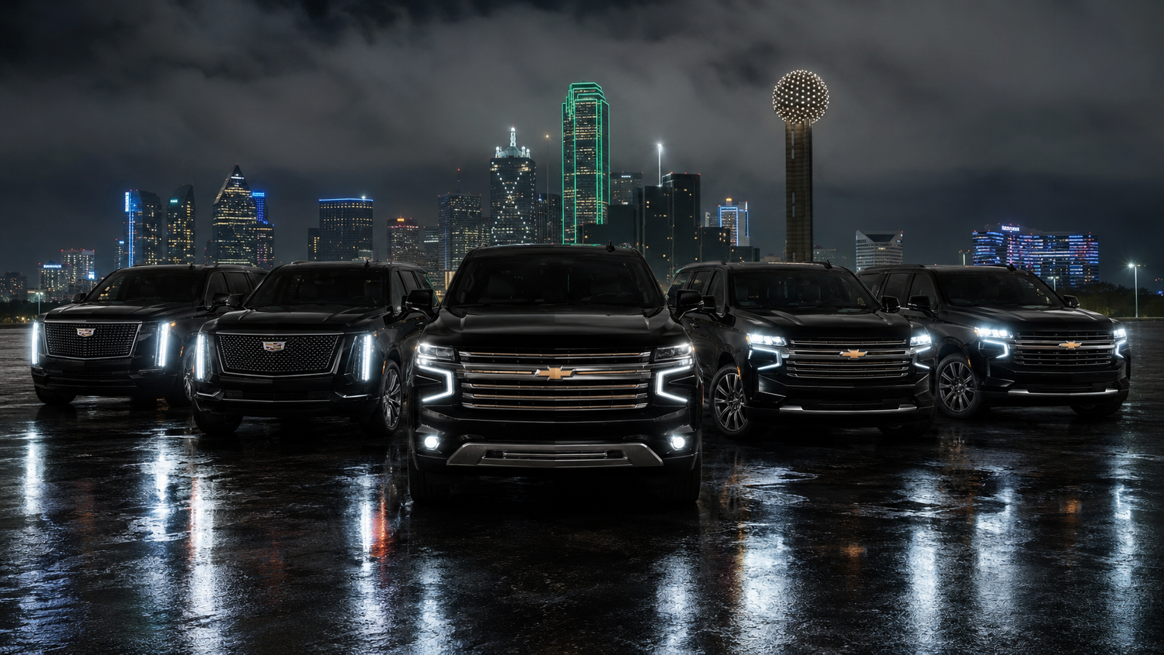 AG Luxury Mobility fleet — 5 premium black SUVs, Dallas skyline